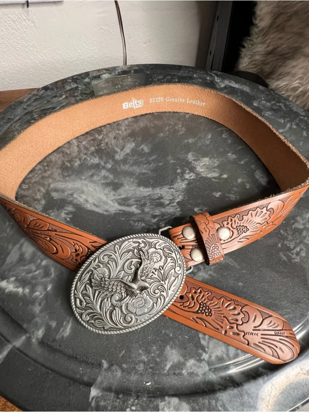 Western Floral Engraved Embossed Tooled Genuine Leather Belt